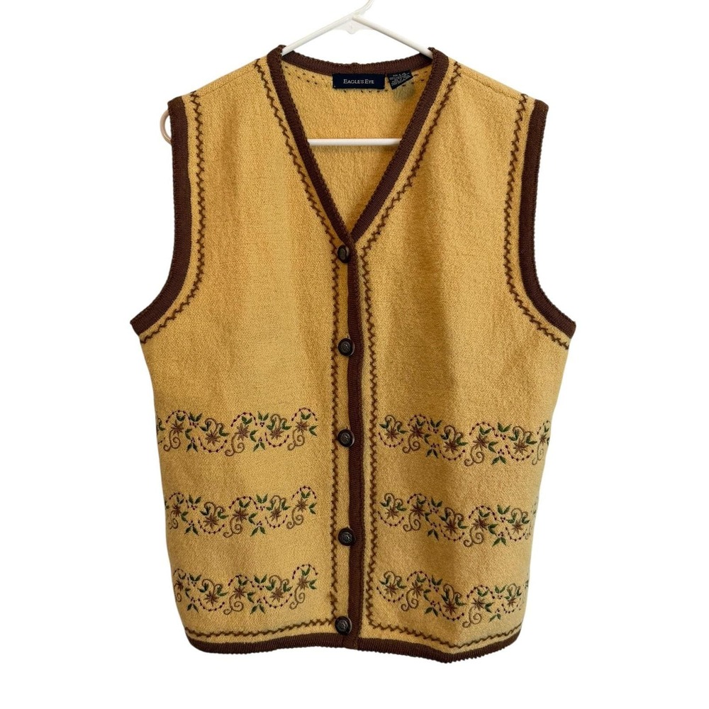 Eagles Eye Embroidered Wool Sweater Vest Womens Size L Boho Alpine Granola VTG - Picture 2 of 13